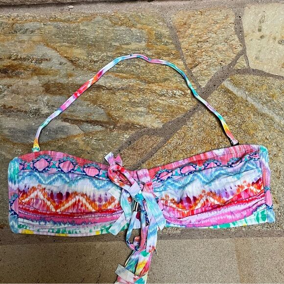 Blue rod beattie colorful tie dye fringe bandeau bikini top size 4 multicolor - Picture 1 of 7